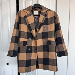 Abercrombie & Fitch Dad Coat Plaid Double-Breasted Coat, Black Tan XS